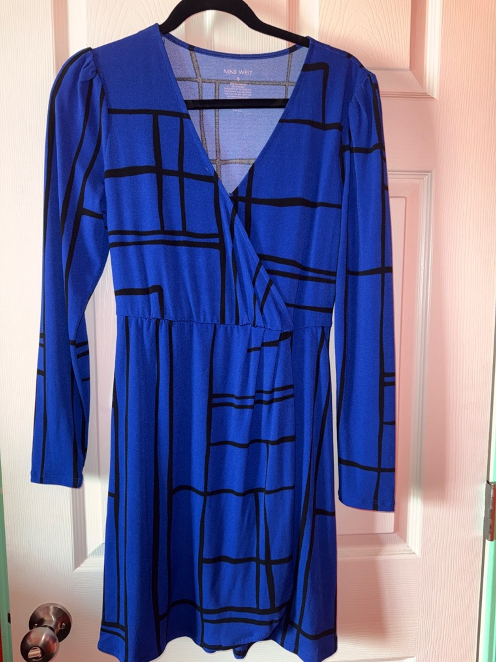 Nine West Royal Blue and Black Plaid Wrap-Style Long Sleeve Dress